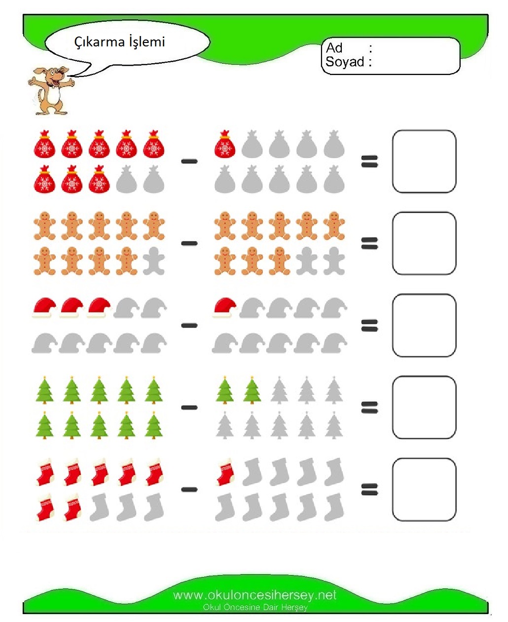 okul öncesi çocuklar Çıkarma İşlemi çalışma sayfaları